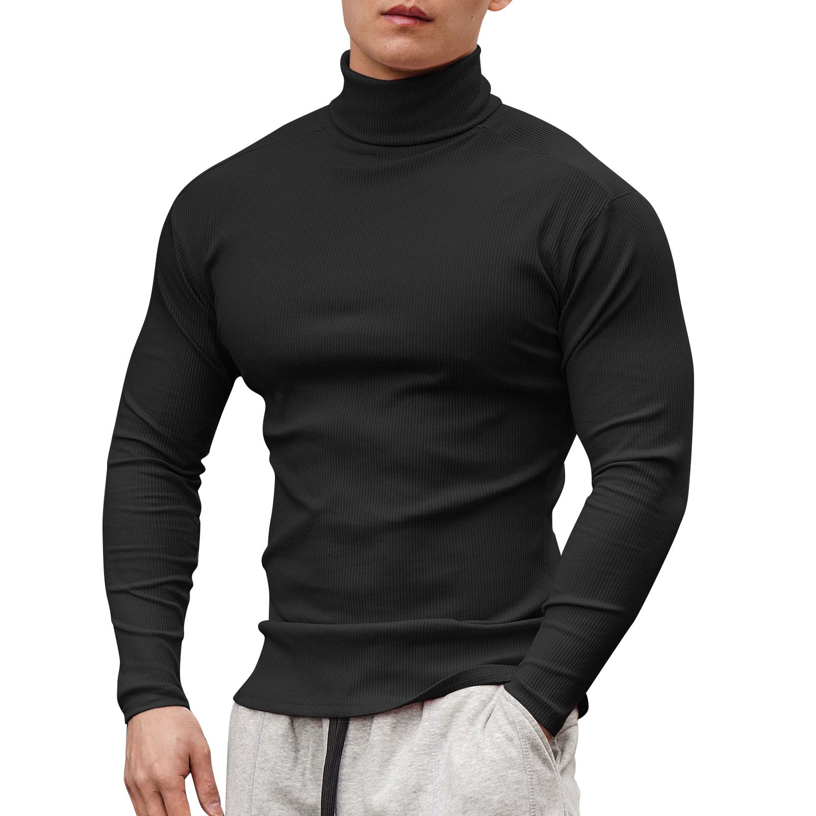 thumbnail image 1 of Camiseta de manga larga y cuello alto para hombre: color liso, corte ajustado, tejido elástico, para uso informal en primavera/verano., 1 of 5